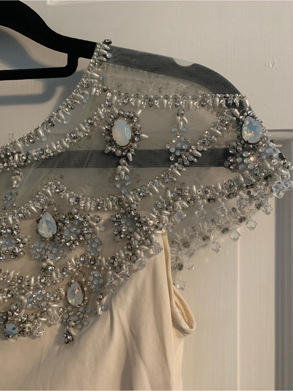 Ranna Gill Avalon Cream Silk Beaded Rhinestone Embellished Gown